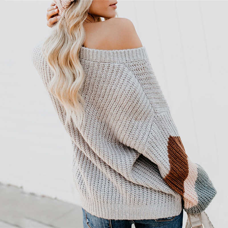 V Neck Striped Patchwork Sleeve Knit Sweater Women Loose Pullover Fall Sweaters and Pullovers Fashion 210914