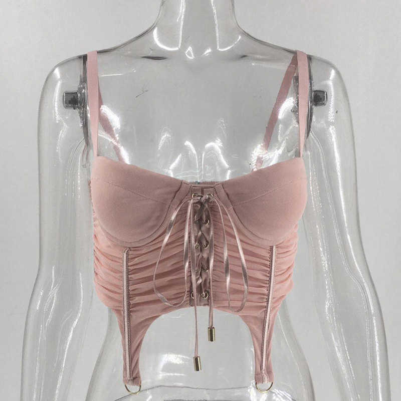 Giyu Sexy Mesh Crop Tops Women Camis Summer Lace Up Bandage Spaghetti Strap Backless Camisole Elegant Blusas Femininas 210625