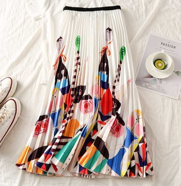 EU Style Woman Printed Midi Skirts Fashion Female Casual Pleated Summer for 210619