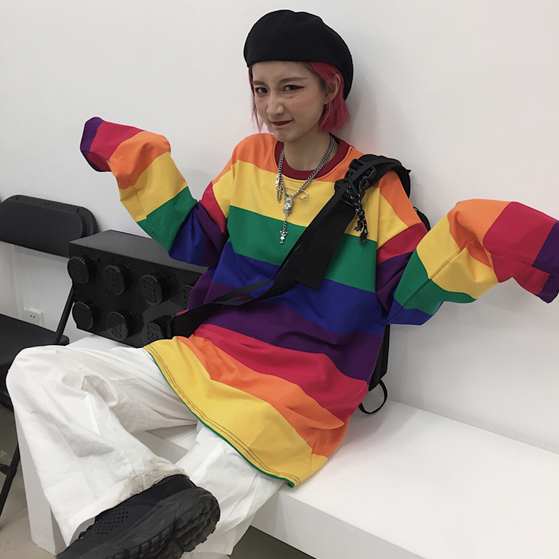 Neploe Plus Size Causal Cotton T Shirt Women Striped T-shirt Rainbow Shirt Female Harajuku Loose Top Shirts Punk Style Top 56318 210302