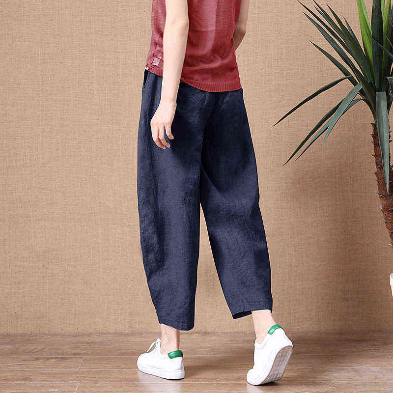 ShiMai Women's Cotton Linen Pants Elastic Waist Vintage Trousers Lady Loose Casual S-2XL Retro Literary 211115
