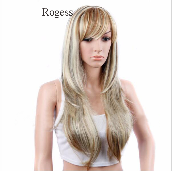 New Fashion Long Straight Blond Highlighted Brown Synthetic wig with Qi Bangs women's Hair wigs for life Cosplay