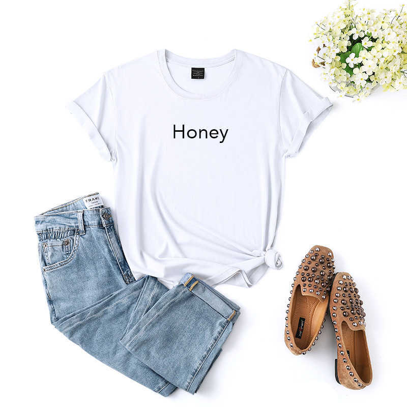 Casual 100% Cotton Women T-Shirt O-Neck Short Sleeve Honey Letter Print Fashion Summer Female Tees W730 210526