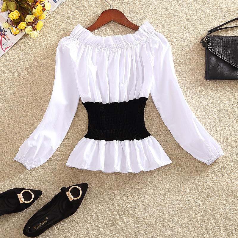 Sweet Blouse Women Short Shirt Crop Top Slash Neck Off-shoulder Patchwork Elastic Waist Ruffles Top Lantern Sleeve Japan T95291 210225