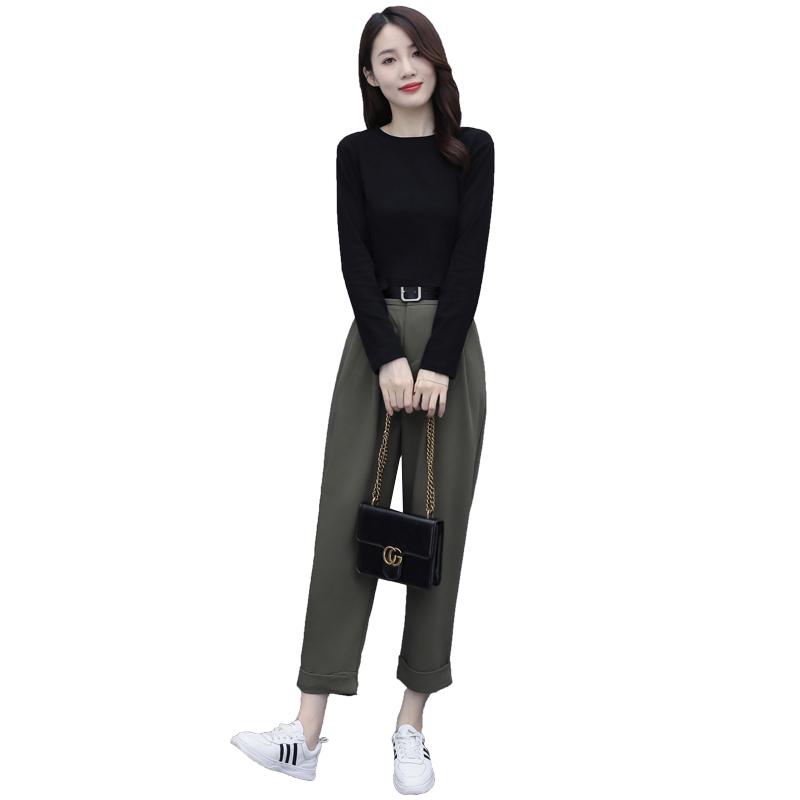 Women's Two Piece Pants Spring Leisure Korean Fashion Clothing Set Black Pullover Top Sweatshirt 2 Pcs Outfit