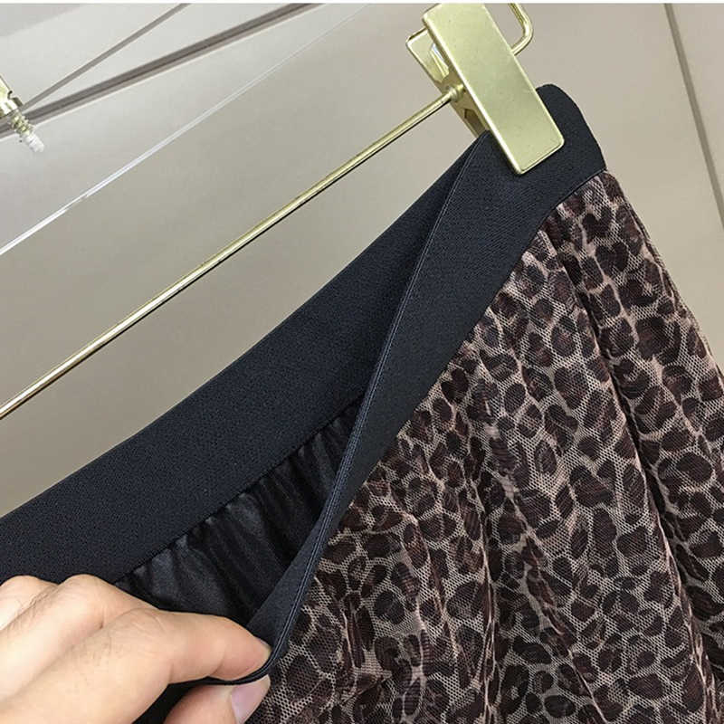 Flectit Leopard Tulle Skirt Women Autumn Winter Asymmetrical Layered Ruffle Mesh Midi Vintage Style * 210621
