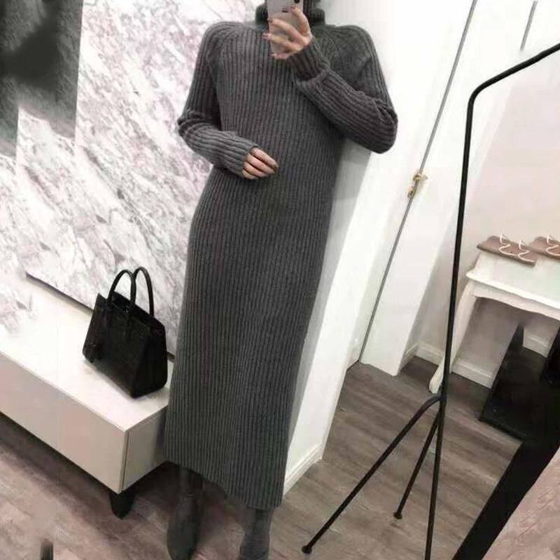 Casual Dresses Turtleneck Knitted Sweater Dress Ladies Fall Winter Elastic Cashmere Bottoming Shirt Midlength Over The Knee Thick
