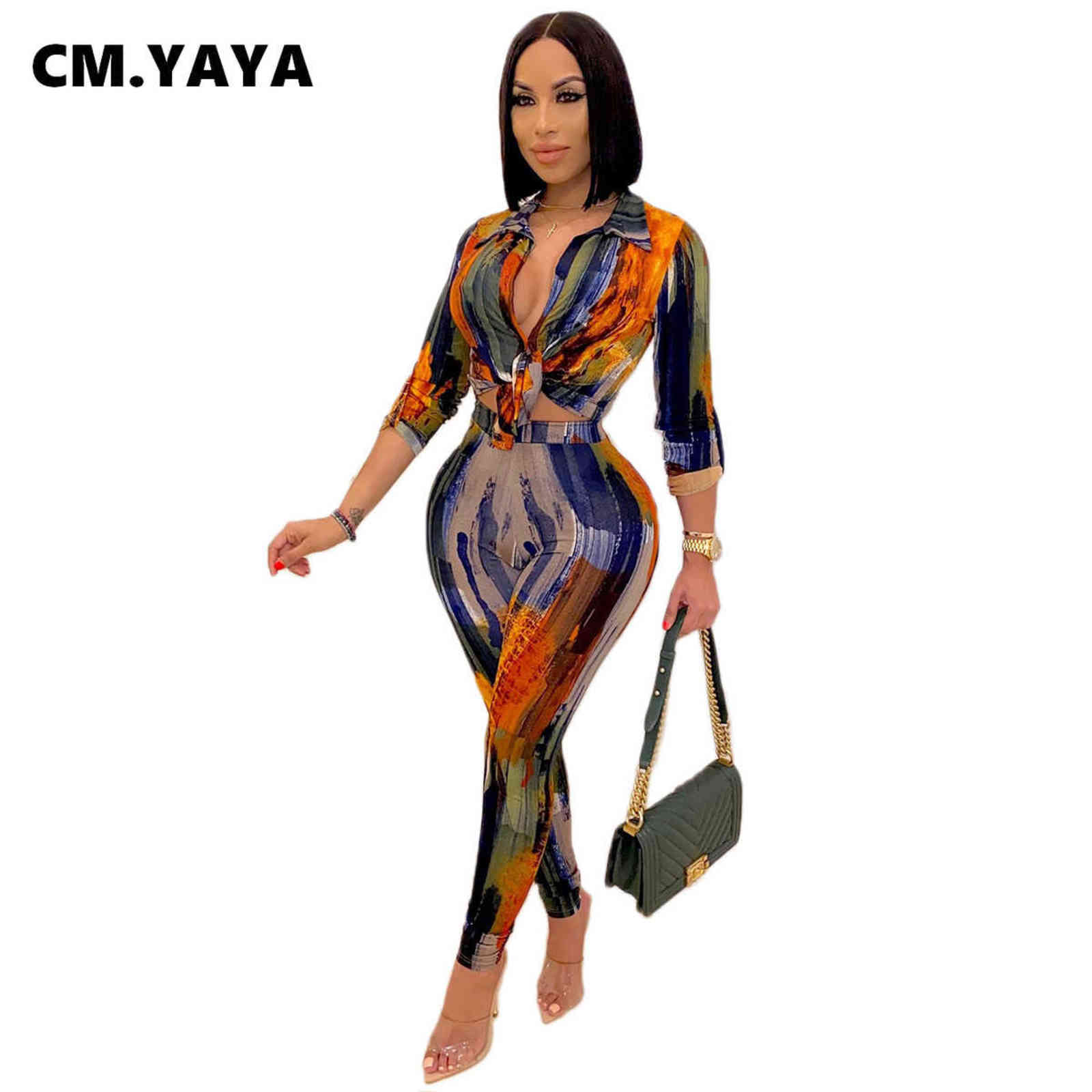 CM.YAYA Autumn Letter Leaf Print Women's Set Blouses Shirt Legging Pants Suit Active Wear Tracksuit Two Piece Fitness Outfit 211105