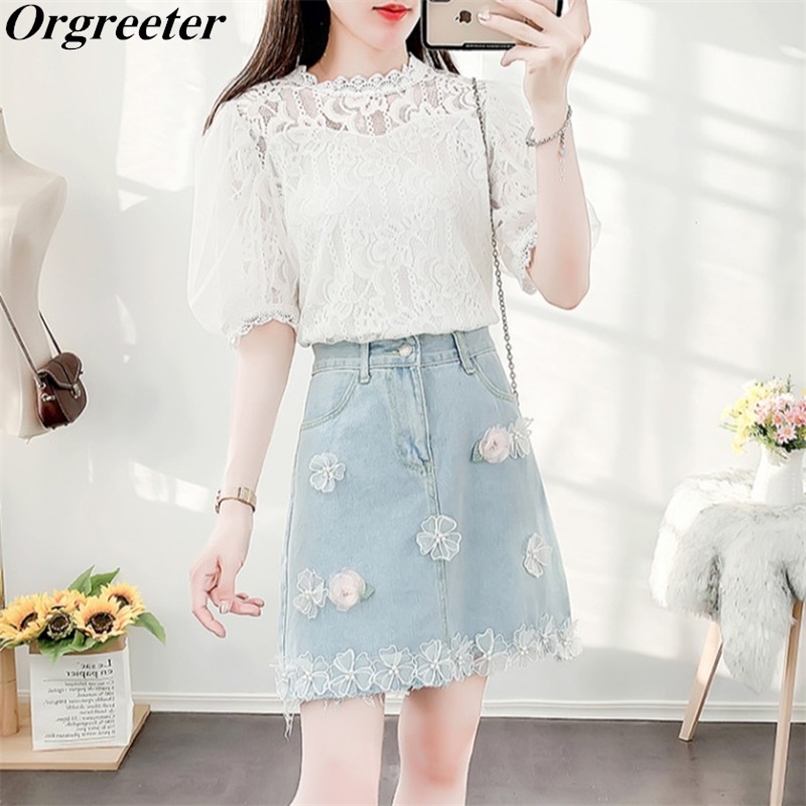 Summer Short/Long Sleeve O-neck White Lace Shirt and Beaded 3D Flower Appliques Denim Skirt Two-piece sets Female 210602, Short sleeve set 1
Summer Short/Long Sleeve O-neck White Lace Shirt and Beaded 3D Flower Appliques Denim Skirt Two-piece sets Female 210602, Short sleeve set 1