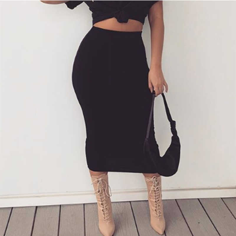 Colysmo 2 Layers High Waist Stretch Pencil Midi Skirt Women Elegant White Long s Candy Colors Cotton Casual Gray 210527