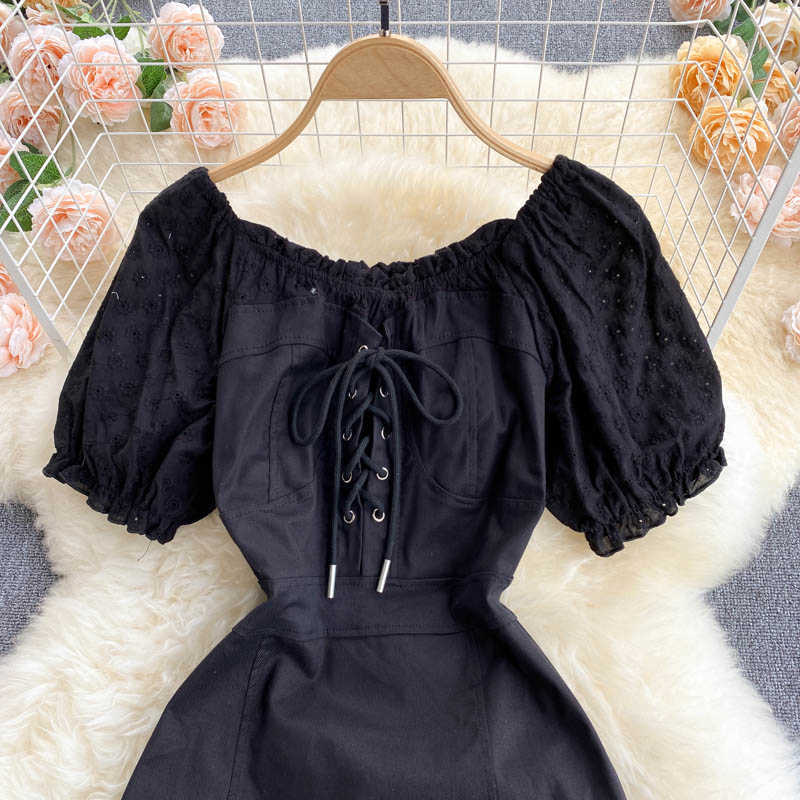 DEAT Women Black Belt Ruffles Dress Slash Neck Short Sleeve Arrivals Lady Sexy Fashion Spring Summer 11D55201M 210709