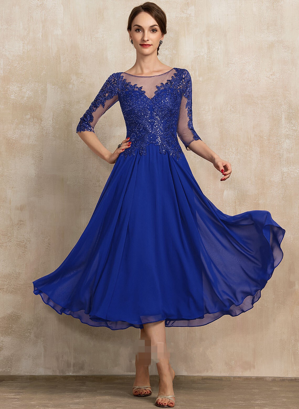 Elegant Royal Blue Tea-Length Chiffon Lace Mother of the Bride Dress Sequins A-line Bridal Party Gown Customed Robe De Soiree Vestidos