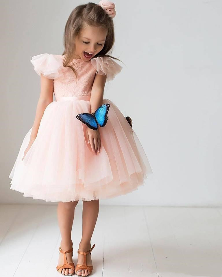 Lace Top A-Line Tulle Pink Flower Girls Dresses Short Formal Kids Formal Wear 2020 Custom Short Sleeves Birthday Party Gowns Cheap