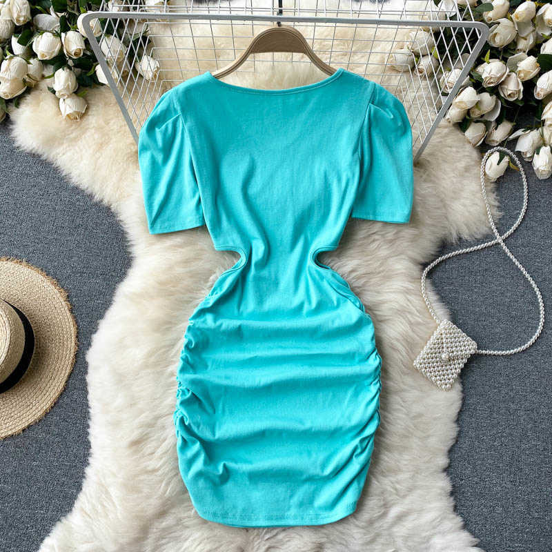 DEAT Women Hollow Out Dress Round Neck Short Sleeve Arrivals Lady Sexy Temperament Fashion Spring Summer 11D1572 210709