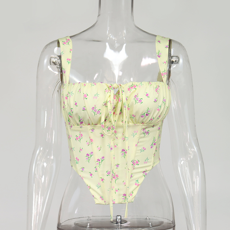 NewAsia Floral Corset Women Sweet Print Hollow Up Tie Up Sexy Crop Top Summer Sleeveless Ruched Boning Bustier Casual Tank Top 210225