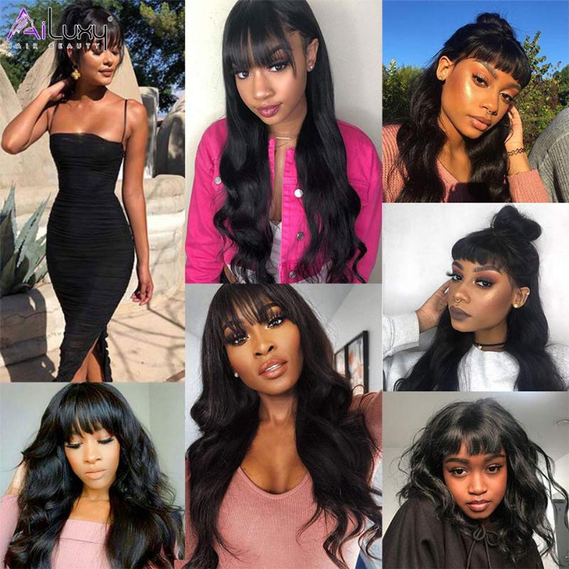 Synthetic Wigs AILUXY Long Dark Brown Women's With Bangs Body Wave Heat Resistant For Black Women African American Hair