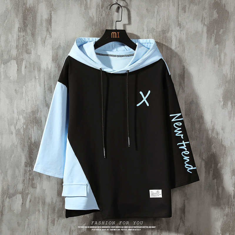 Half Sleeve Hoodies T-shirt Sweatshirts Men Hooded Casual Male Lace Up big X print 210629