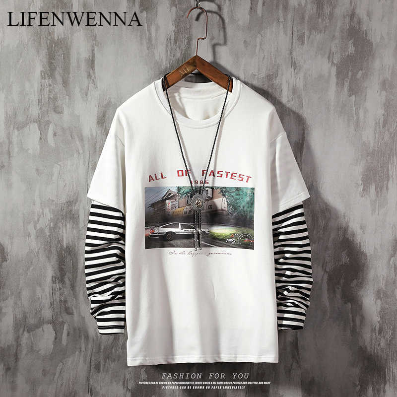 LIFENWENNA Fashion Patchwork Sweatshirts Fast Print Car Hoodies Sweatshirt Men Auturm O Neck Striped Sweatshirt For Men Pullover 210528