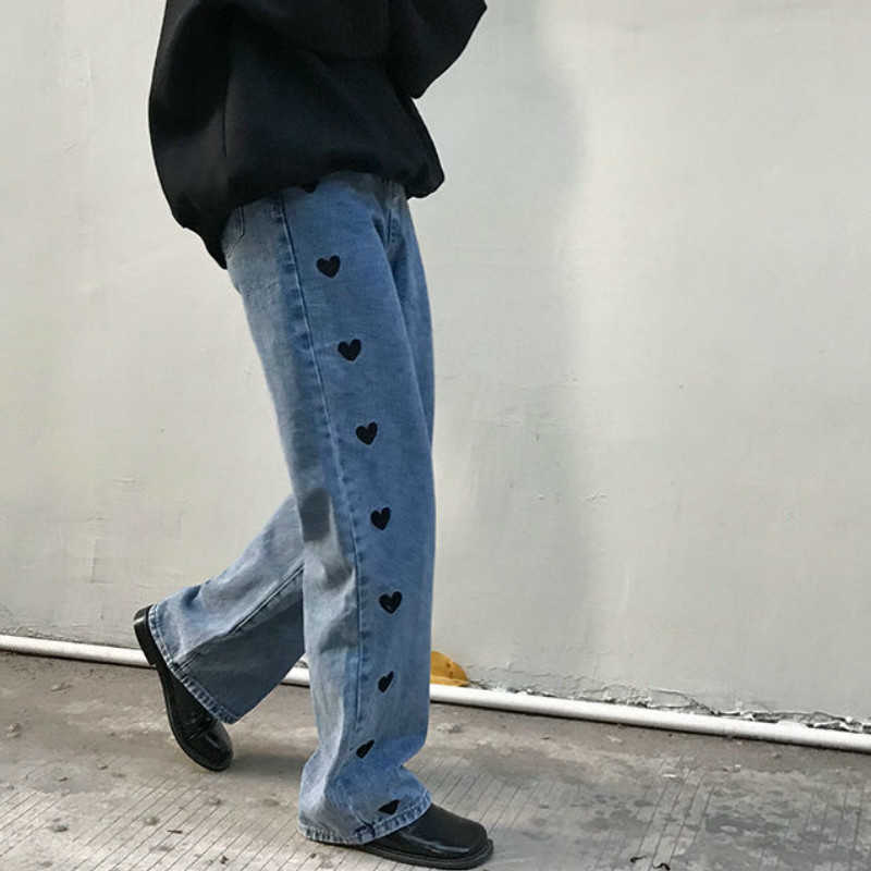 Love Heart Embroidery Jean Casual Straight Loose Denim Pants Female Korean Style High Waist Pantalones Femme 210809