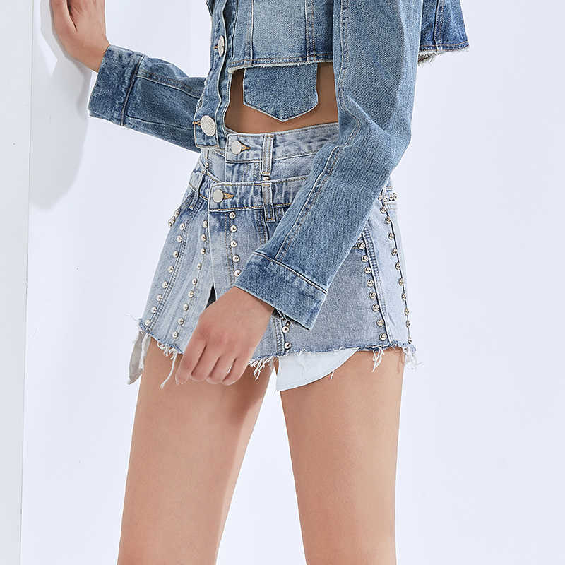 TWOTWINSTYLE Patchwork Rivet Tassel Denim Shorts For Women High Waist Sexy Wide Leg Fashion Clothing Summer 210724
