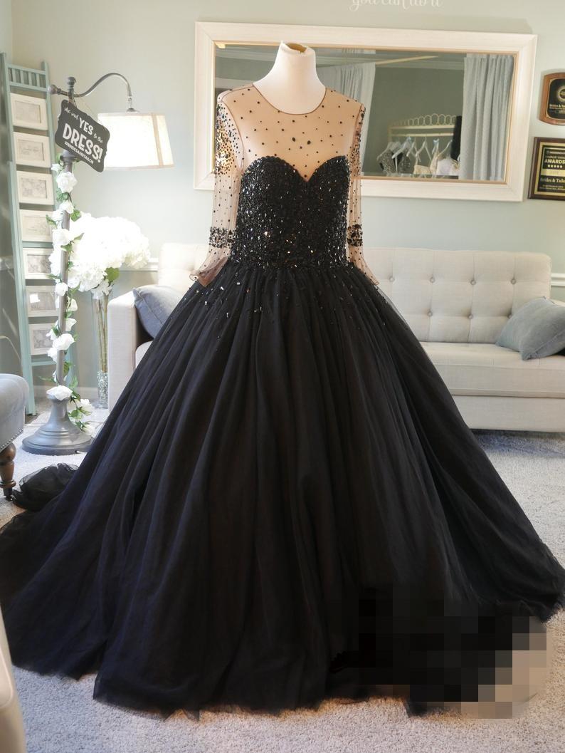 Beaded Black Dresses Gothic Jewel Sheer Neck With Long Sleeves Tulle A Line Floor Length Plus Size Wedding Gown Vestido