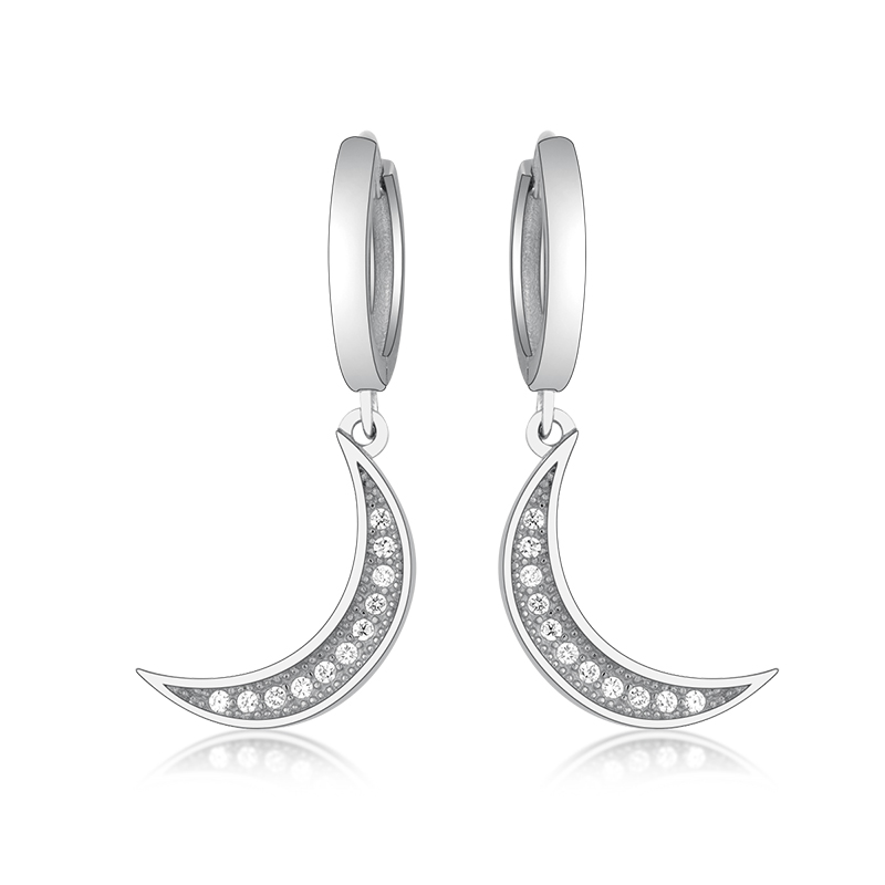 Authentic 100% 925 Sterling Silver Gold Color Moon Pendant Hoop Earring Women Fashion Luxury Zircon Round Loops Jewelry Piercing