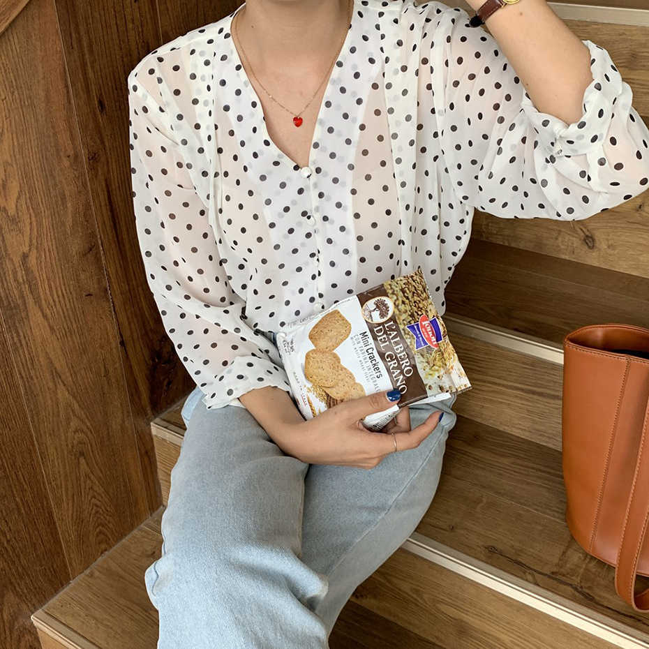 Women Long Sleeve Shirts Fashion Polka Dot Chiffon Shirt Womens Tops Blouses OL Transparent Blusa Mujer White Blouse 210601