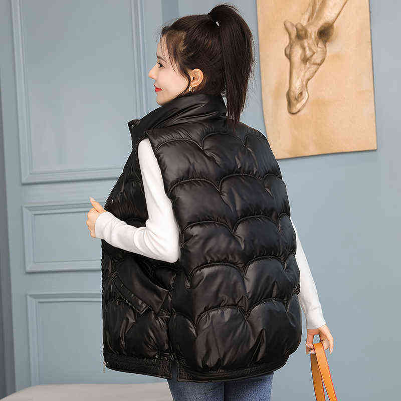 Shiny Winter Vest Loose Women Zipper Stand Collar Pockets Ladies Causal Sleeveless Jacket Waistcoat for Female 211105