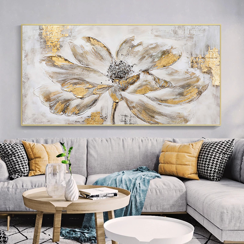 Golden Flower Abstract Home Decor Oil Painting Printed on Canvas Wall Art for Living Room Modern Posters Vintage Quadros Nordic