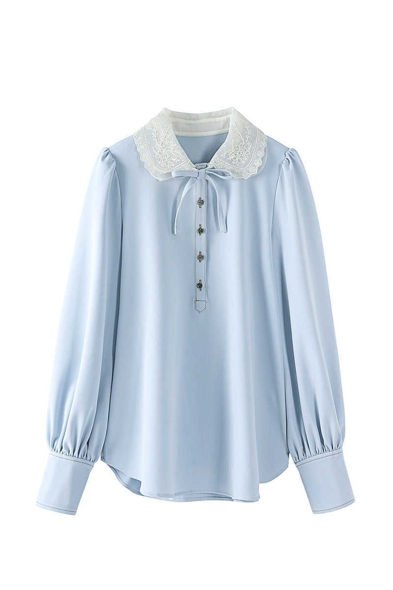Spring Summer Peter Pan Collar Bow Lace Full Thin Casual Shirt Top Women 210615