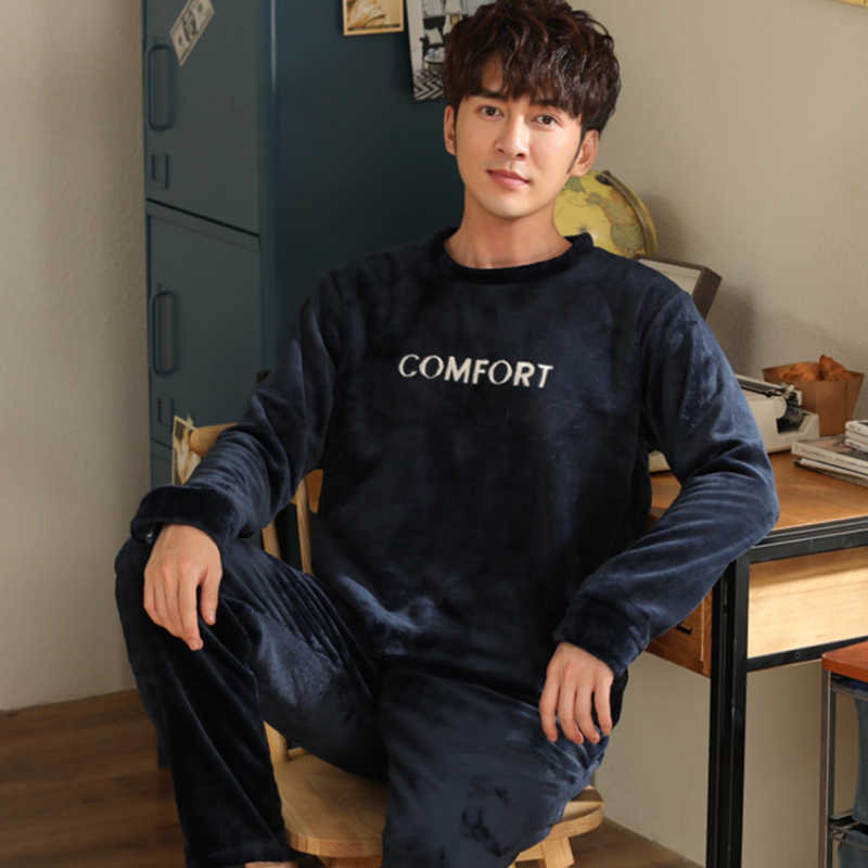 Winter Thick Warm Blue Flannel Pajama Sets for Men Long Sleeve Coral Velvet Sleepwear Suit Loungewear Homewear Home Clothes 210812
