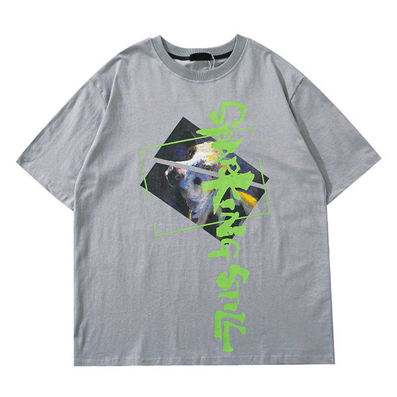 Print Hip Hop Tee Shirts Summer Round Neck Hipster T-shirt Black Grey 2colors 210603