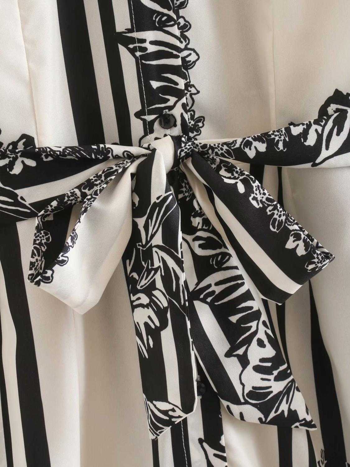 women vintage printing bow tie sashes shirtdress office lady wear long sleeve side split vestidos chic retro dresses DS3148 210603
