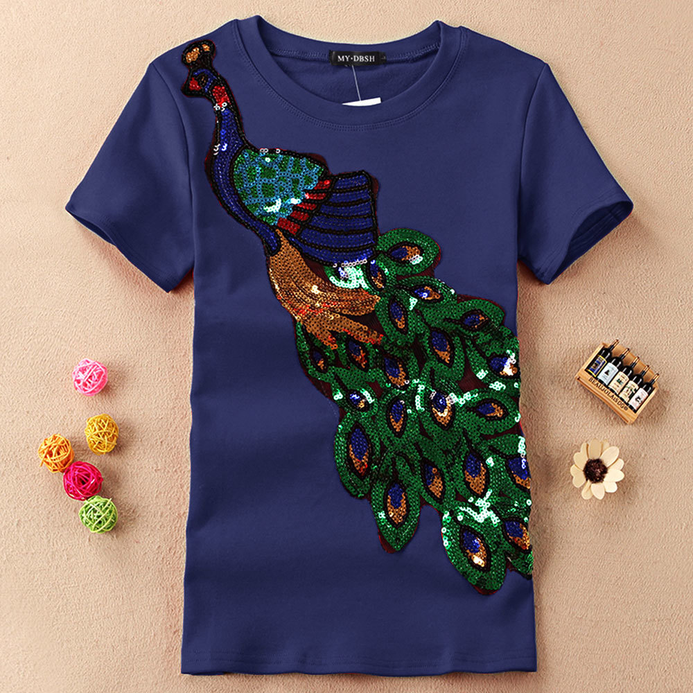 New Fashion Women Elegant Peacock O Neck T shirt Femal Sequins Embroidery T-shirt Casual Top Tees Plus Size S-4XL Free Shipping 210306