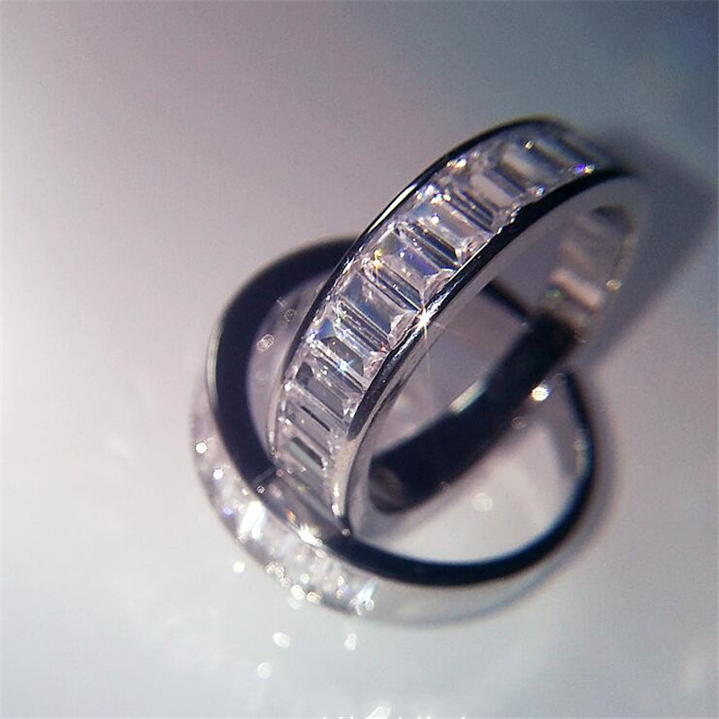 Exquisite Sterg Sier Emerald Cut White Topaz Eternity Ring: Unique Wedding Band Jewelry