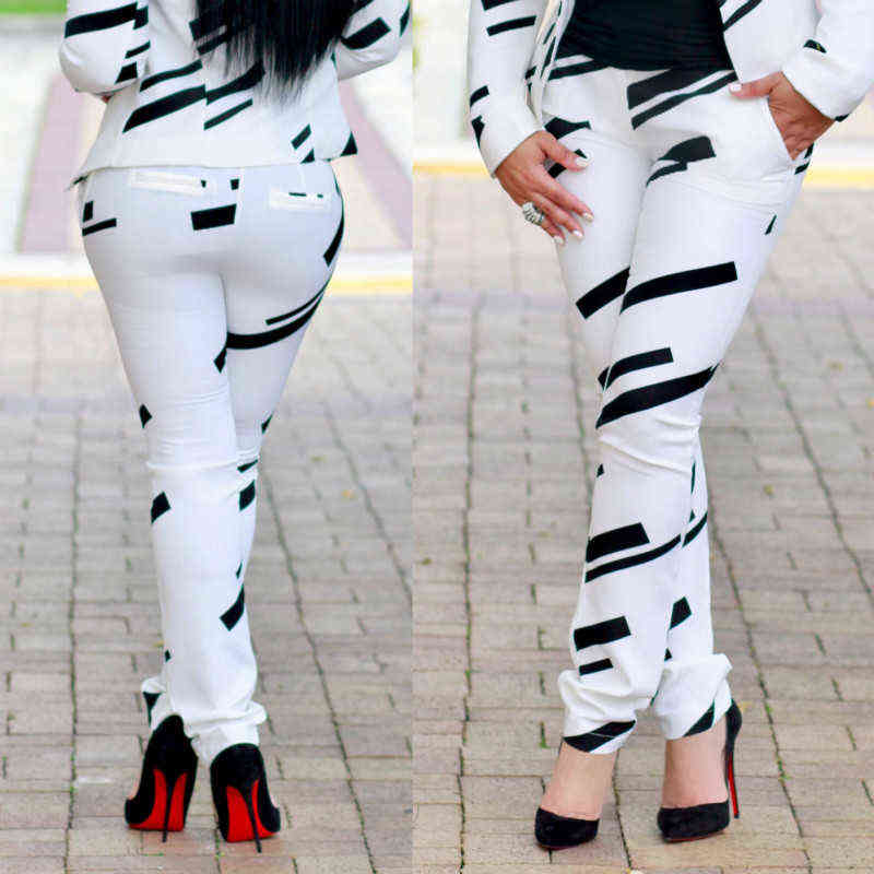 Women 's Fashion Black & White Striped Print Shoulder Jacket + Pants Two - piece Set LOW LUV 211105