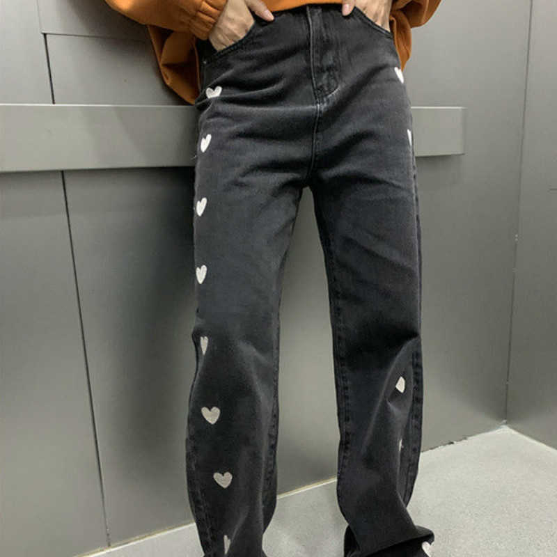 Love Heart Embroidery Jean Casual Straight Loose Denim Pants Female Korean Style High Waist Pantalones Femme 210809