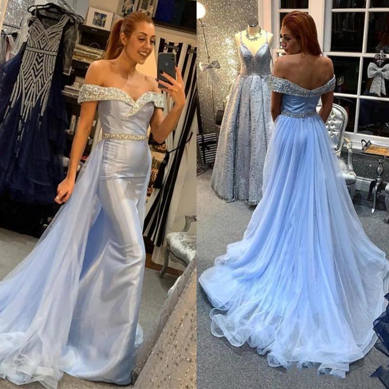 Sparkly Crystals Beads Evening Dresses With Detachable Train Off the Shoulder Mermaid Formal Party Prom Gowns Custom Size Robe De Mariée