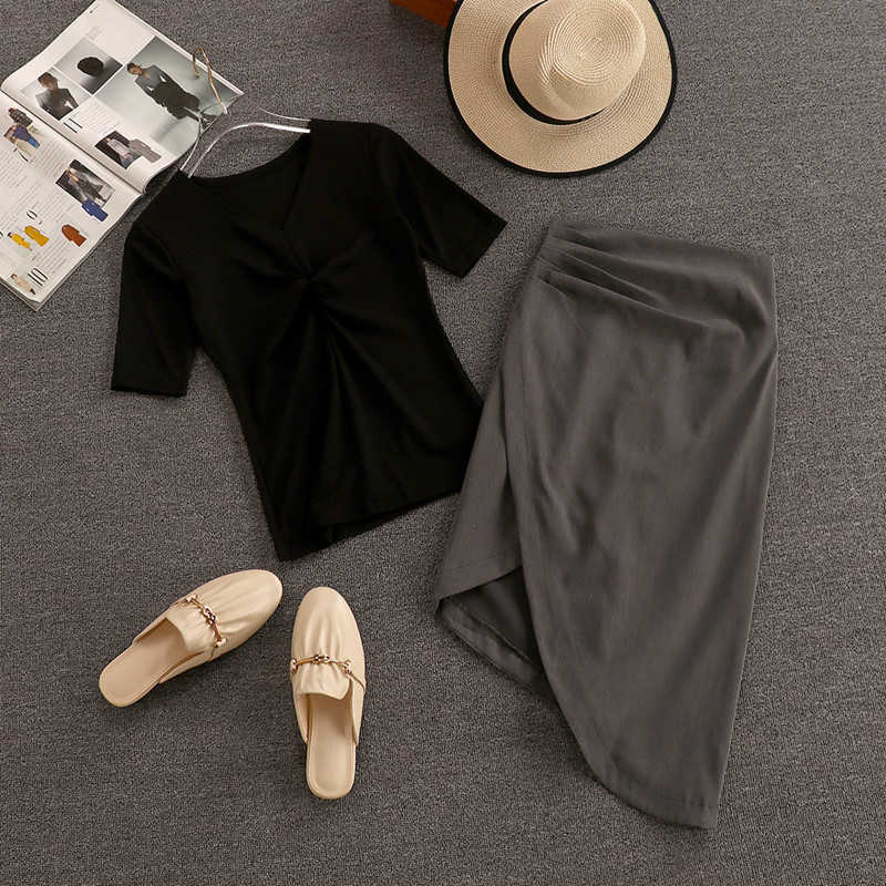 DEAT Women V-neck Short Sleeve Pleated Asymmetrical Skirt Short Two Piece Set Fashion Temperament Spring Summer 11D775 210709