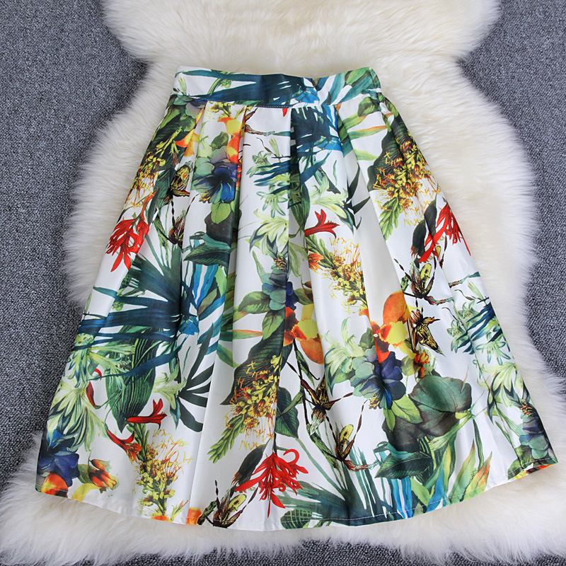 Neophil Fashion Tropical Floral Print High Waist Fluffy Pleated Saias Flare Satin Tutu Midi Skater Skirts Womens S07047 210306