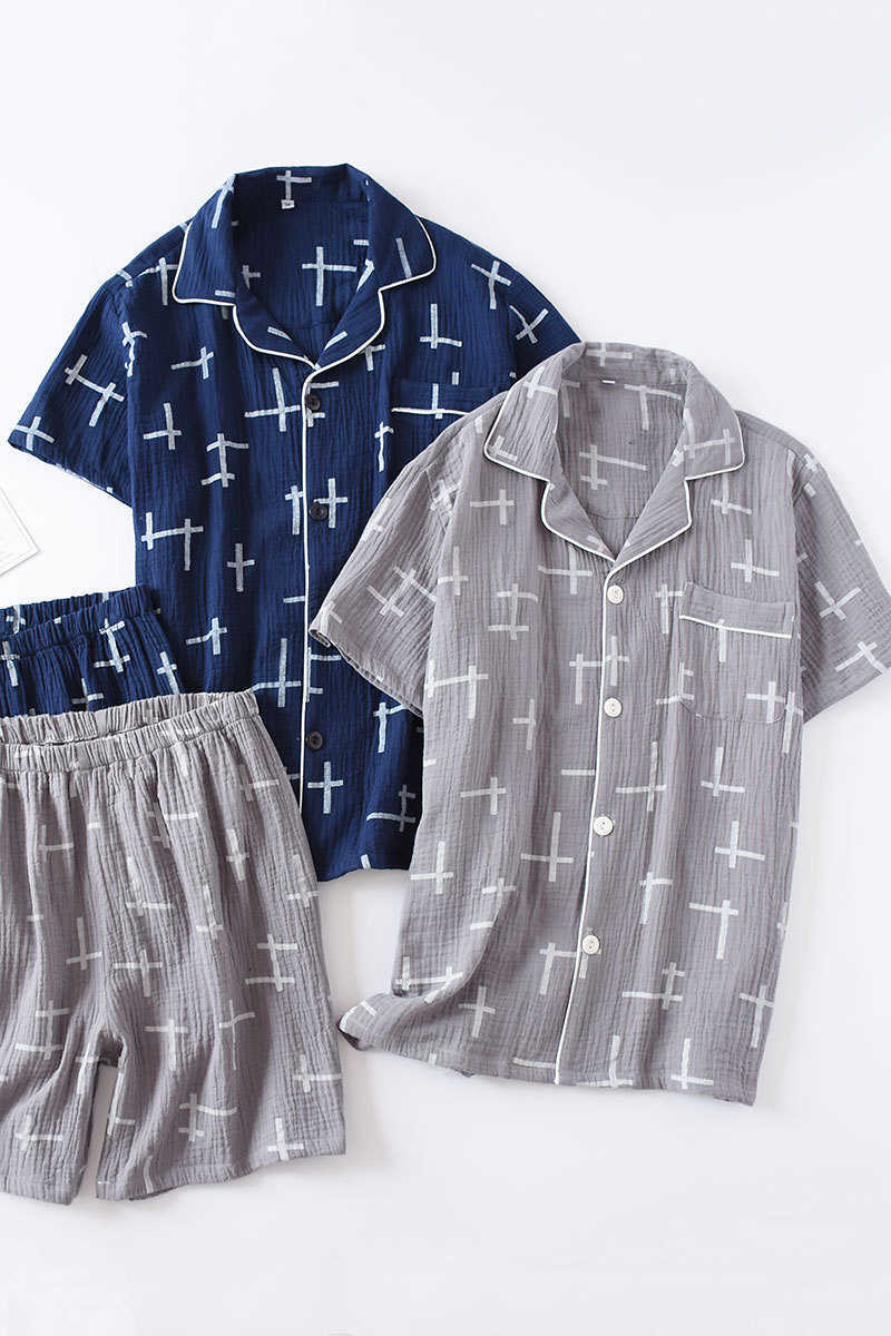 Japanese style summer men's cotton crepe short sleeve shorts pajamas suit comfortable cotton casual home wear pajamas 211019