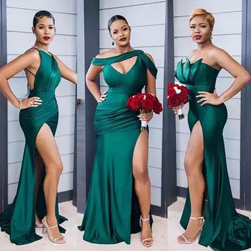 Dark Green Bridesmaid Dresses Mermaid Slit Satin Silk Maid of Honor Dresses Formal Strapless Wedding Party Gowns African