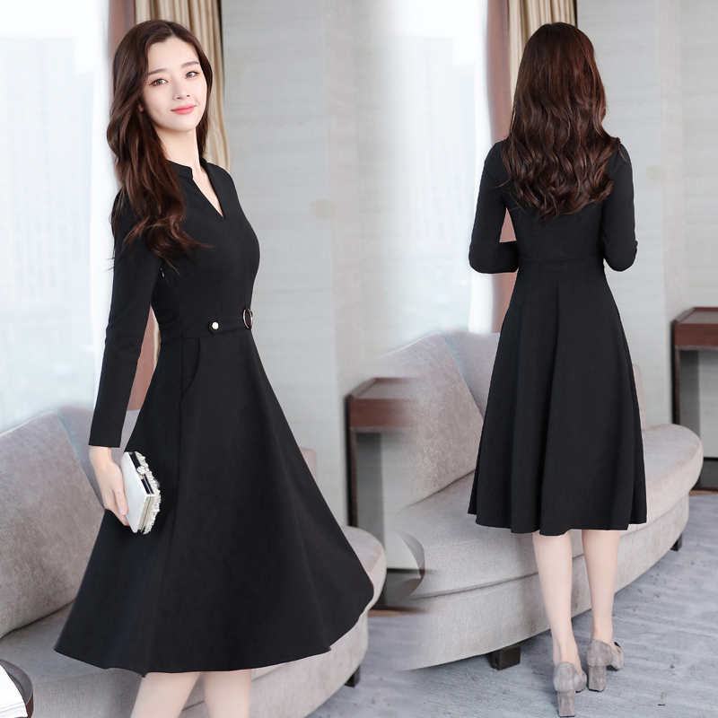 Plus Size Autumn Winter New Black Midi Dresses Women Elegant Korean Bodycon VNeck Dress Party Long Sleeve Runway Vestidos 201008