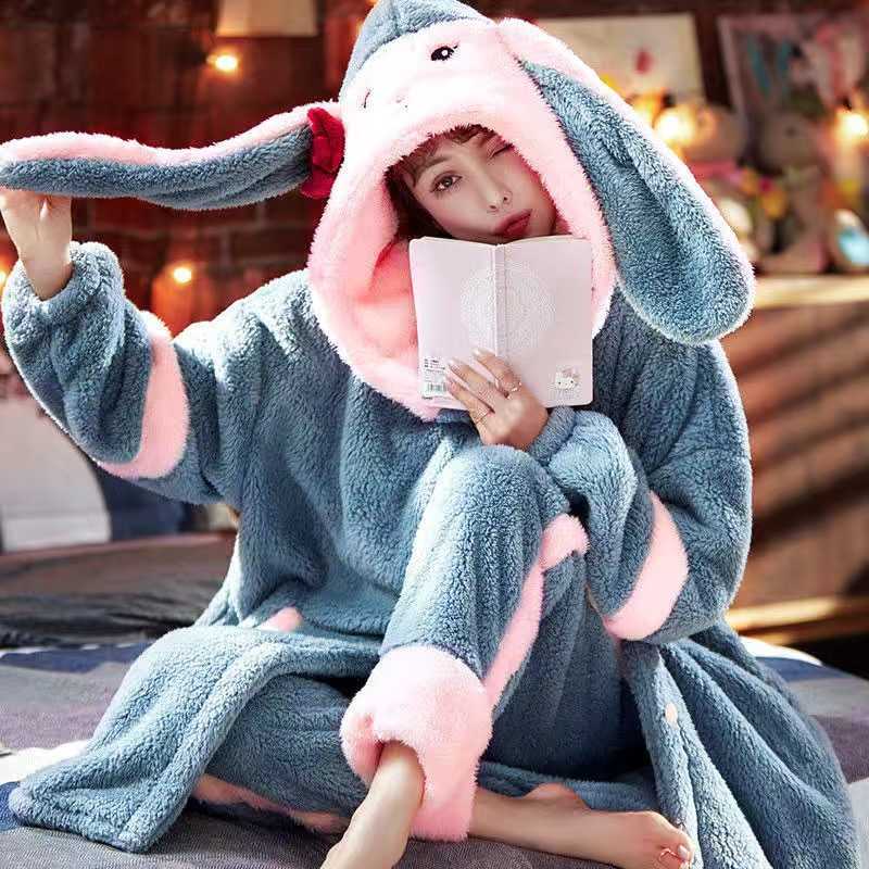 Winter Flannel Pajamas Set For Women Animal Thick Warm Cute Long Sleeves Sleepwear Loose Pyjamas Suit Homewear Clothes 210924
