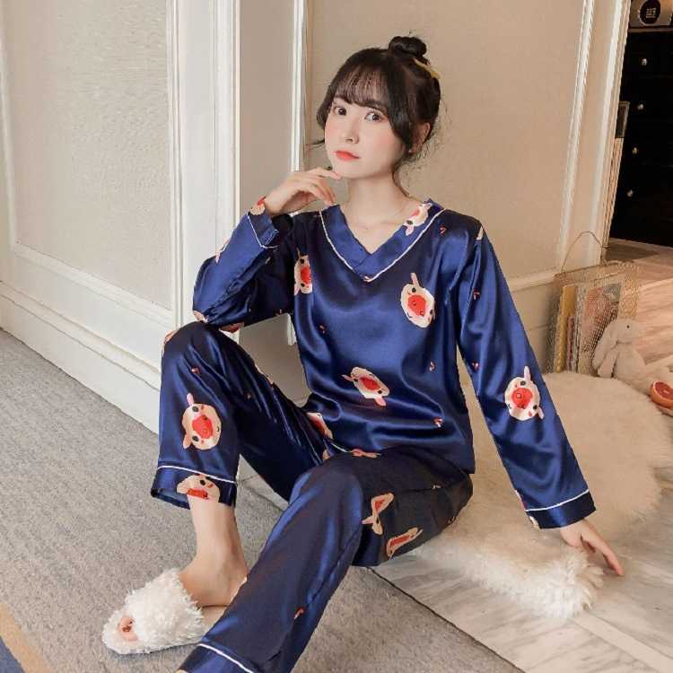 Pajamas Set Women's Silk V-neck Long-sleeved Summer and Autumn Ice Silk Ladies Home Service Suit Satin Nightwear Cartoon Pajamas 211007