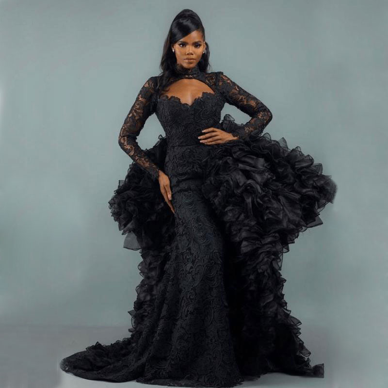 Black Mermaid Lace Evening Dresses With Ruffled Detachable Train Long Sleeves Prom Gowns African High Neck Formal Dress, Hunter
Black Mermaid Lace Evening Dresses With Ruffled Detachable Train Long Sleeves Prom Gowns African High Neck Formal Dress, Hunter