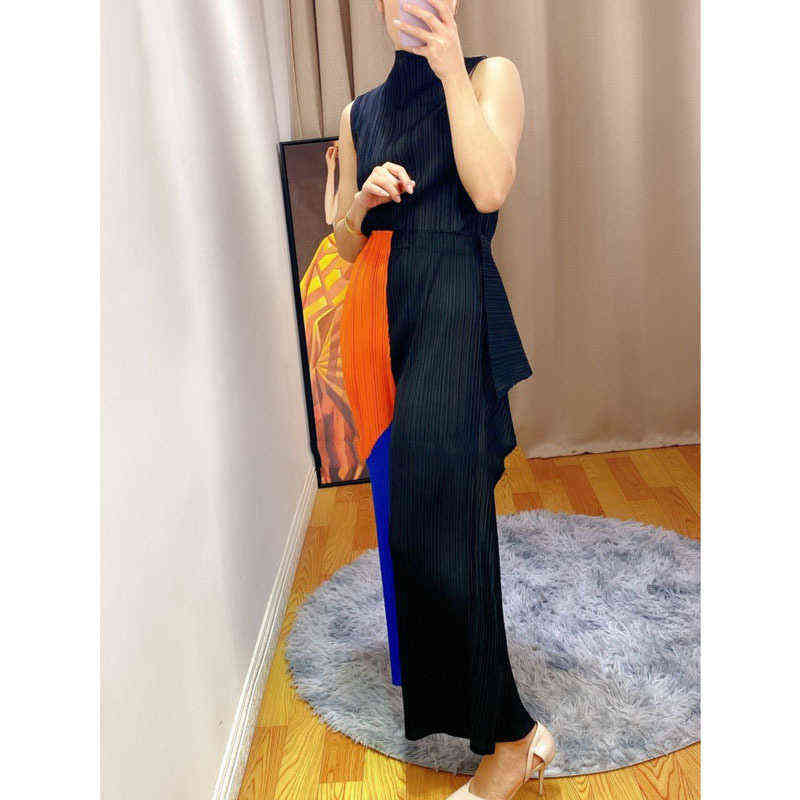 DEAT Woman Pleated Wide Leg Pants Hit Color Patchwork One Button Elastic Waist Nine Length Casual Style Autumn 15XF813 211115