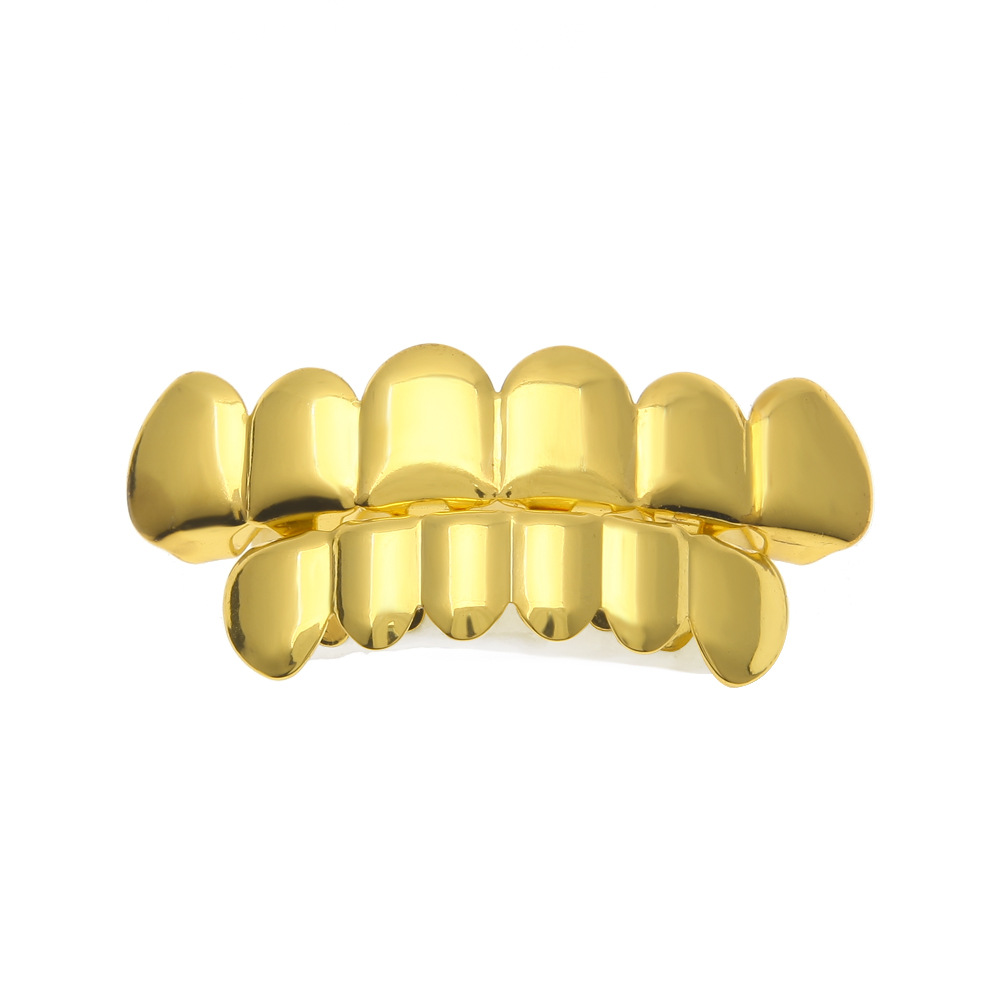 Mens Gold Plated Top and Bottom Teeth Grillz Set GoldenTeeth Grills Hip Hop Jewelry