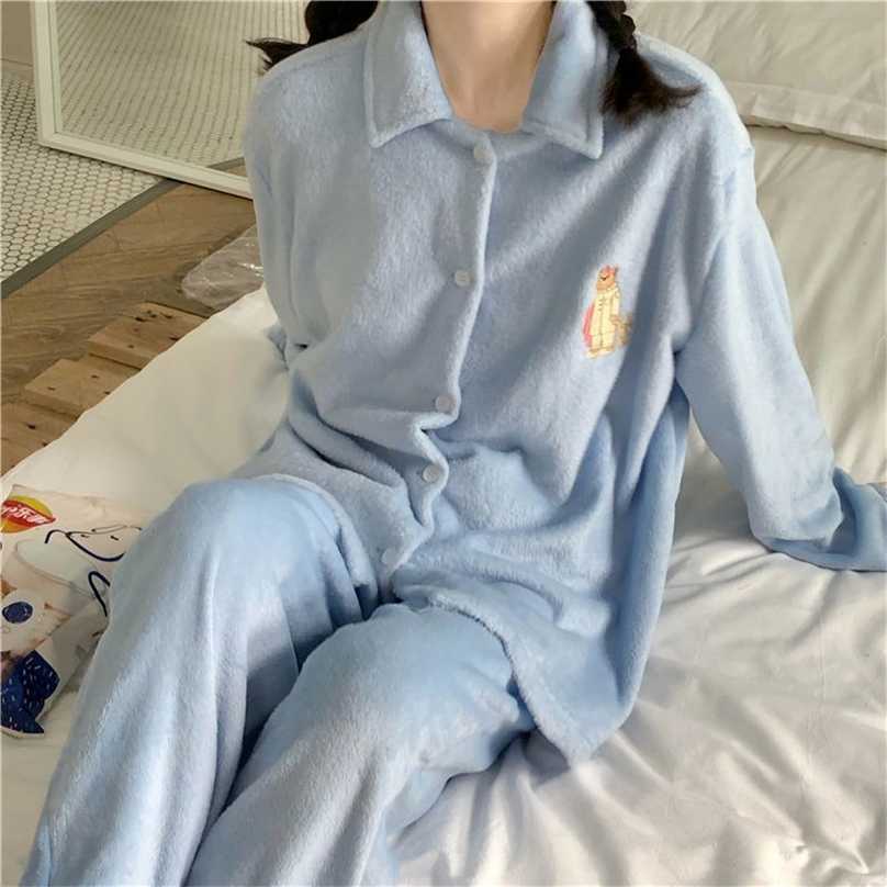 QWEEK Women Pajamas Bedroom Set Solid Color Embroidered Flannel Pijamas Korean Loose Comfortable Turn Down Collar Pyjamas Cute 211118