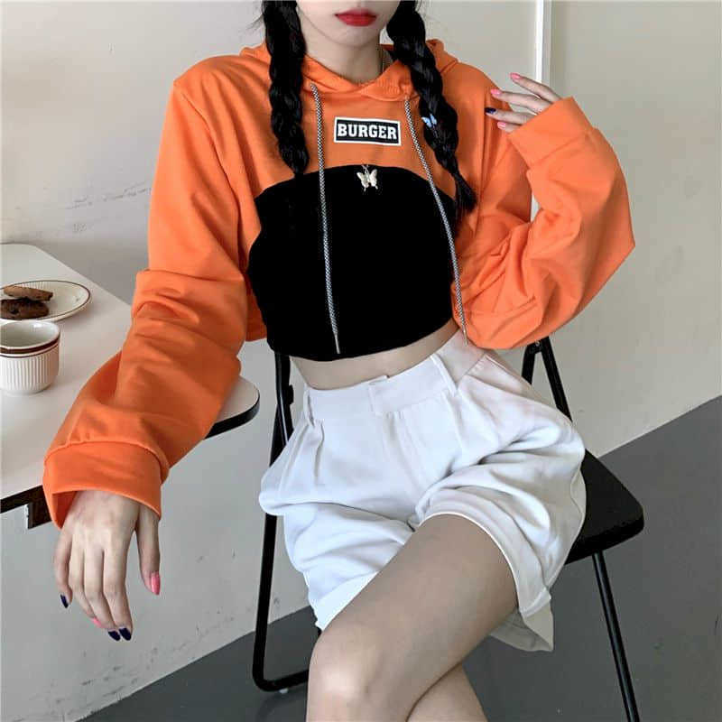 Hooded high waist short sweatshirt women early autumn cropped tops Korean style loose spring and long-sleeved 210526